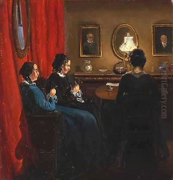 Interior With Women Knitting Oil Painting by Viggo Pedersen