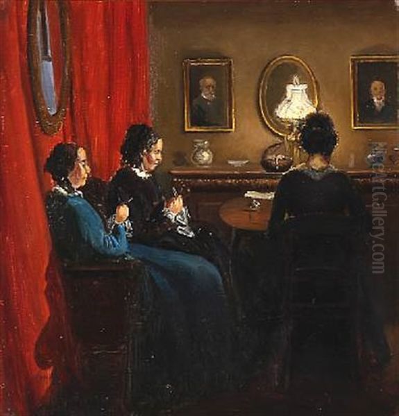 Interior With Women Knitting Oil Painting by Viggo Pedersen