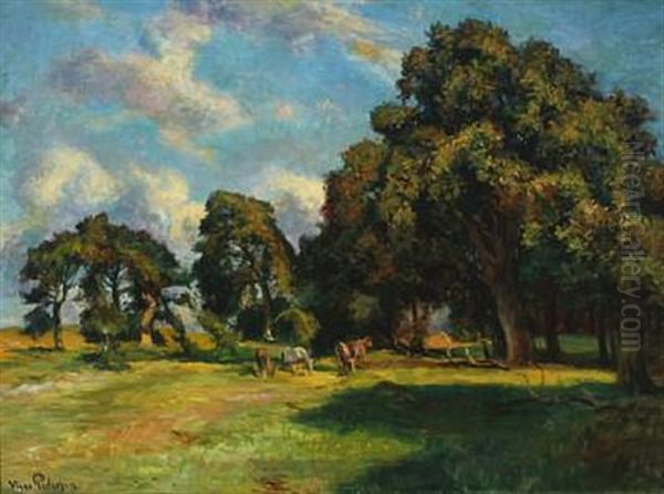 Horses Grazing In A Shady Grove Oil Painting by Viggo Pedersen