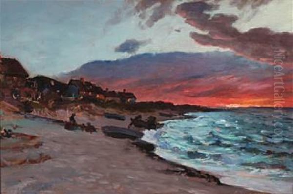 Sunset At Tisvildeleje Beach Oil Painting by Viggo Pedersen