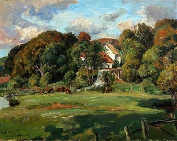 Grazing Cows Near The Water Mill At Oreso Oil Painting by Viggo Pedersen