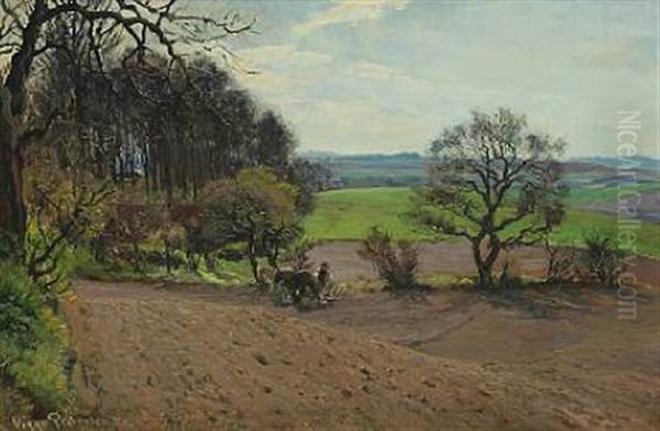 Landscape With A Farmer Ploughing The Field Oil Painting by Viggo Pedersen