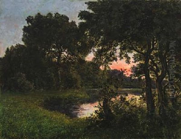 Evening At The Forest Lake Oil Painting by Viggo Pedersen