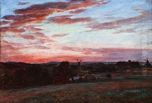 Sunset Over Naestved With Skamstrup Mill In The Background, Denmark Oil Painting by Viggo Pedersen