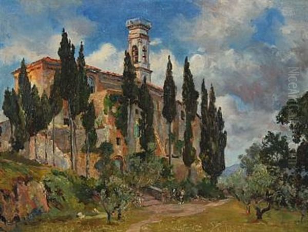 Scenery From Volterra With A Church And Cypresses Oil Painting by Viggo Pedersen