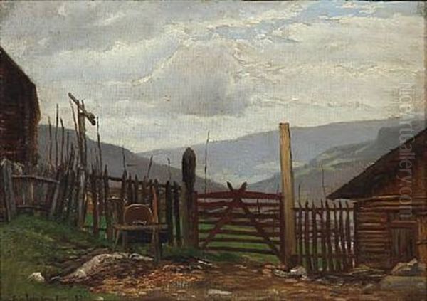 View From A Farm With A View Towards The Mountains In Oyer, Norway Oil Painting by Viggo Pedersen