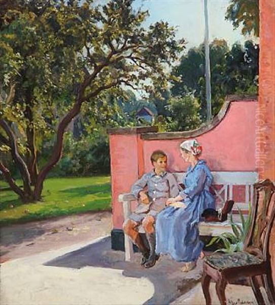 A Boy And A Woman Sitting On A Bench In Front Of A House, Summer Oil Painting by Viggo Pedersen