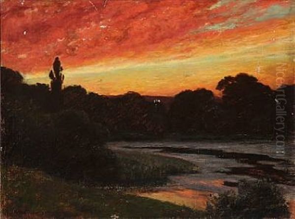 Sunset By A Pond Oil Painting by Viggo Pedersen