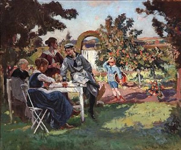 Summer Day In A Garden With A Family Oil Painting by Viggo Pedersen