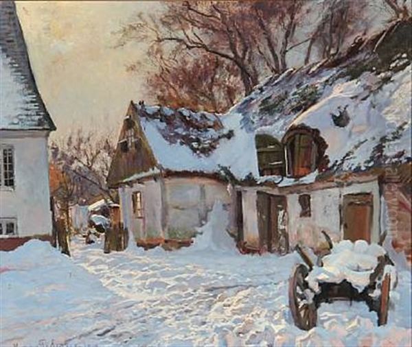 Snow Covered Courtyard In A Village Oil Painting by Viggo Pedersen