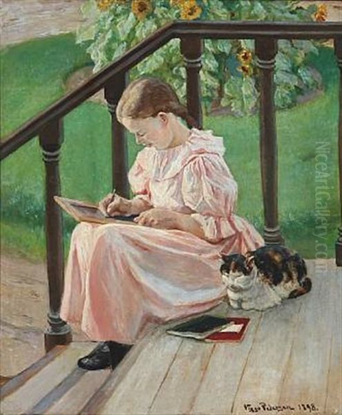 A Young Girl In Pink Dress On A Staircase Oil Painting by Viggo Pedersen