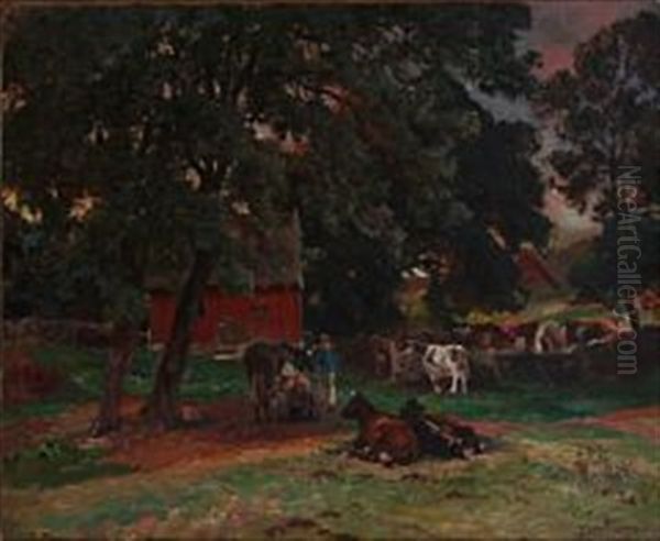 View From Skane With Cows Being Milked, Sweden Oil Painting by Viggo Pedersen