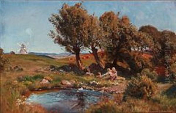 Summer Landscape With Two Children At A Pond Oil Painting by Viggo Pedersen