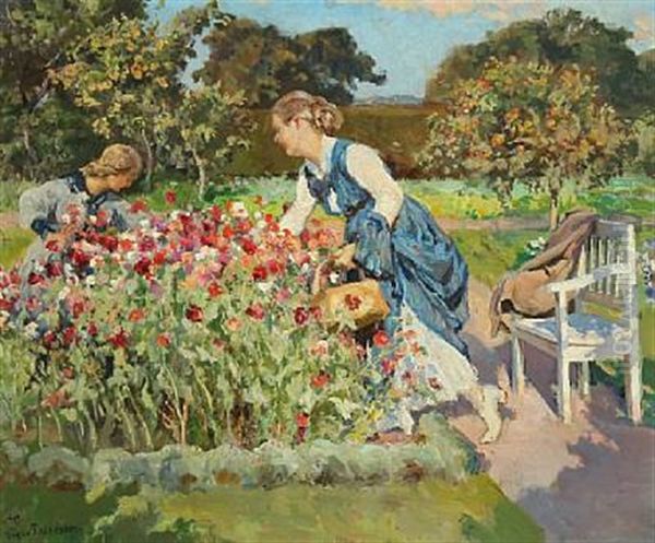 Sommerdag I Haven, Blomsterne Plukkes Oil Painting by Viggo Pedersen