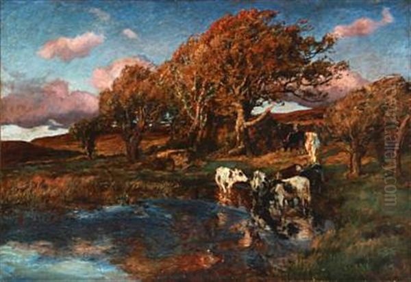 Cows At A Watering Place Oil Painting by Viggo Pedersen