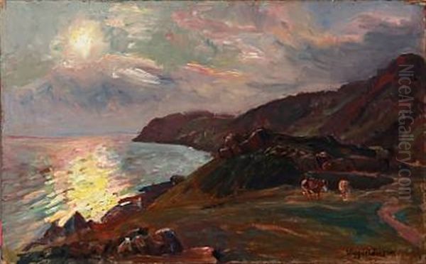 Coastline With Graizing Cows, A Late Summer Evening At Kullen, Sweden Oil Painting by Viggo Pedersen