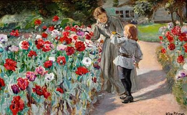 The Artist's Wife And Son Johannes At A Bed Of Poppies In The Garden Of The Family Villa Karlsberg Near Hillerod Oil Painting by Viggo Pedersen