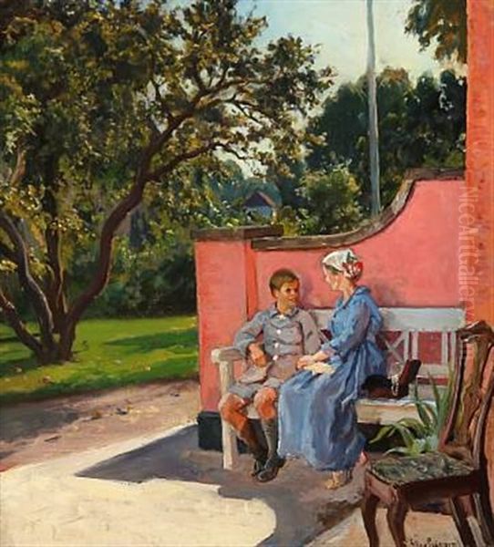 Mother And Son Talking On A Bench In A Garden Oil Painting by Viggo Pedersen