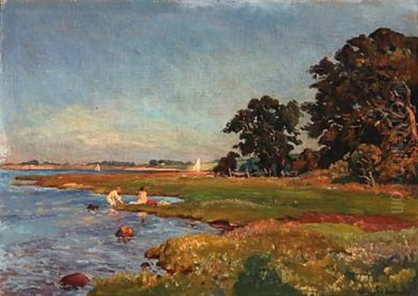 Summer Day With People Bathing At The Coast Oil Painting by Viggo Pedersen