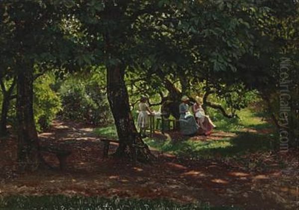 Three Young Women Under The Chestnut Tree Oil Painting by Viggo Pedersen