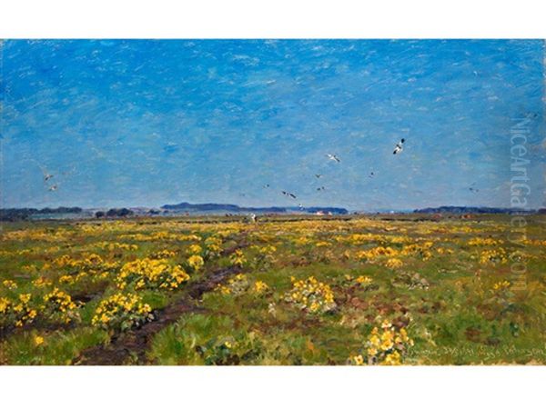 Weite Moorlandschaft Mit Gelben Dotterblumen Und Auffliegenden Vogeln Oil Painting by Viggo Pedersen