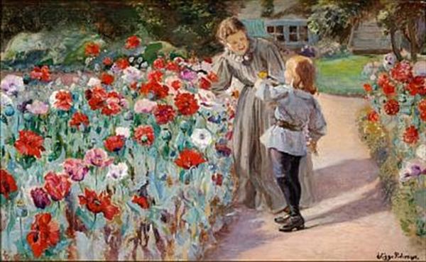 The Artist's Wife And Son Johannes At A Bed Of Poppies In The Garden Of The Family Villa Karlsberg Near Hillerod Oil Painting by Viggo Pedersen