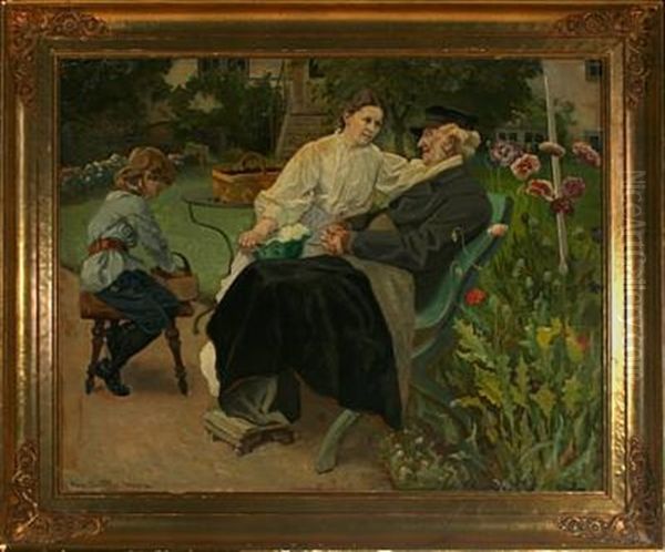 The Painter's Family In The Garden Oil Painting by Viggo Pedersen