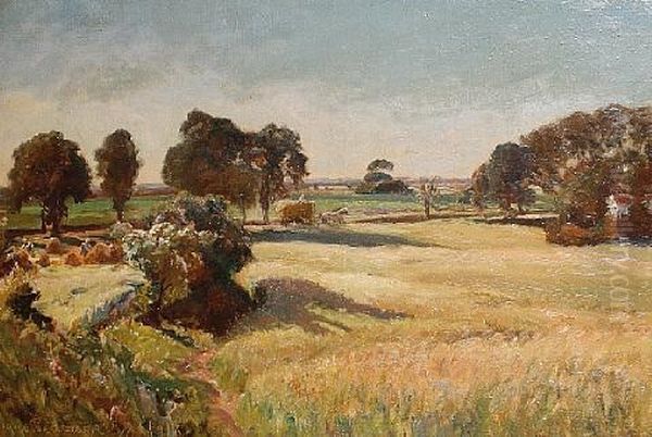 Haymakers In A Summer Landscape Oil Painting by Viggo Pedersen