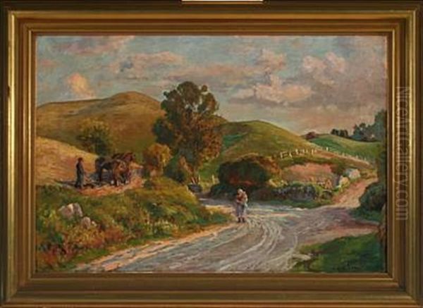 Farmer Ploughing The Field Oil Painting by Viggo Pedersen