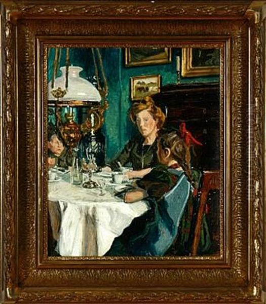 A Mother And Her Children Around The Dining Table Oil Painting by Viggo Pedersen