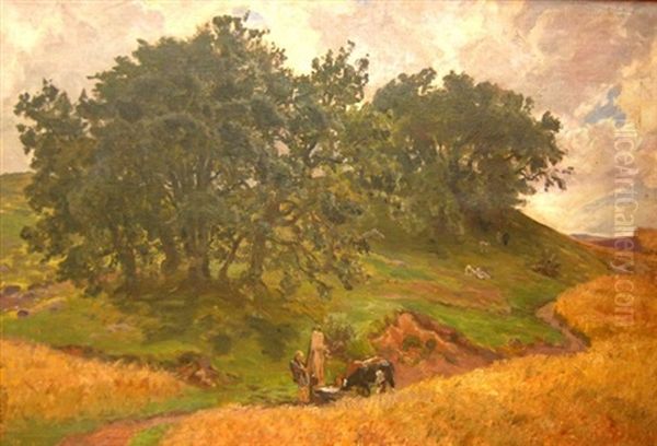 Egetraeer Paa En Banke, Holmstrup 1905, Sommer Oil Painting by Viggo Pedersen