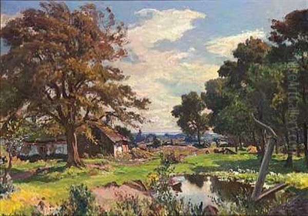 Gammel Gaard Ved Fjellestorp Oil Painting by Viggo Pedersen