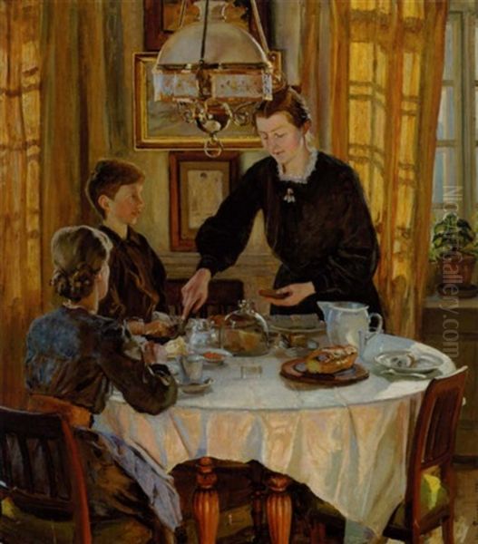 Frokosten Oil Painting by Viggo Pedersen