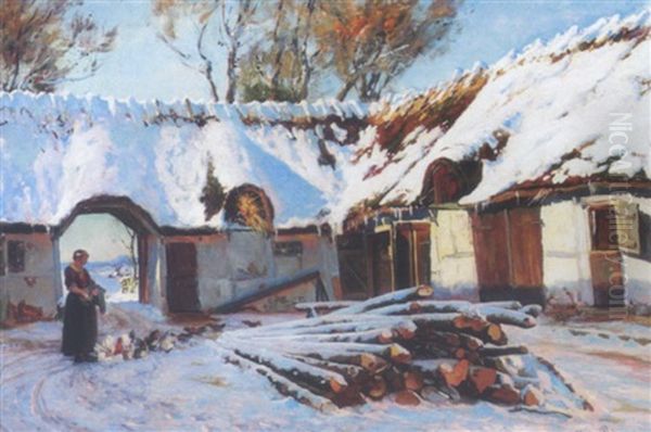 Gardexterior Med Ung Kvinde, Der Fodrer Hons, Vinter Oil Painting by Viggo Pedersen