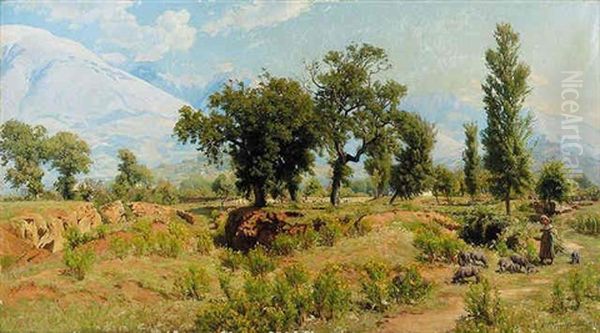 A Swine Herd In An Italian Landscape Oil Painting by Viggo Pedersen