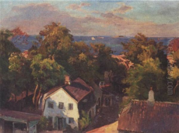 Udsigt Over Huse Of Traeer Naer Vandet Oil Painting by Viggo Pedersen