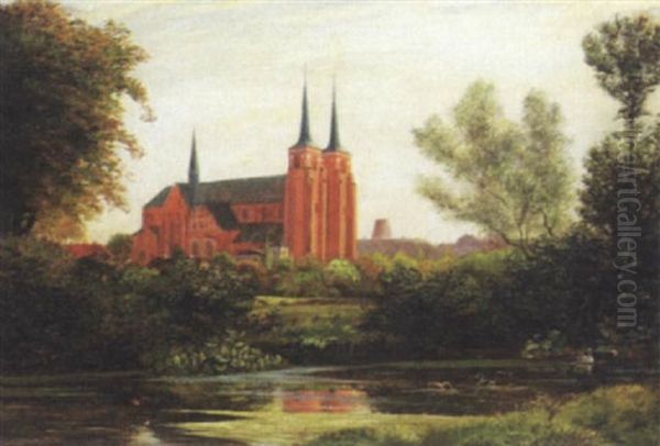 Parti Fra Roskilde Domkirke, I Forgrunden So Med Aender Oil Painting by Viggo Pedersen