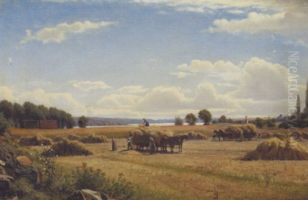 Landskab Med Hostfolk, Motivet Fra Frederikskilde Ved Tyrstrup So Oil Painting by Viggo Pedersen