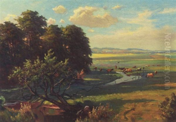 Dansk Sommerlandskab Med Koer Ved Aen Oil Painting by Viggo Pedersen