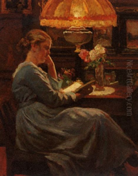 Reading By Lamplight Oil Painting by Viggo Pedersen