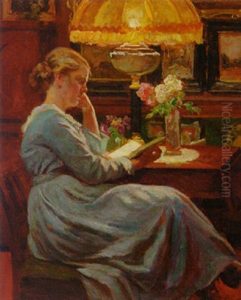 Reading By Lamplight Oil Painting by Viggo Pedersen