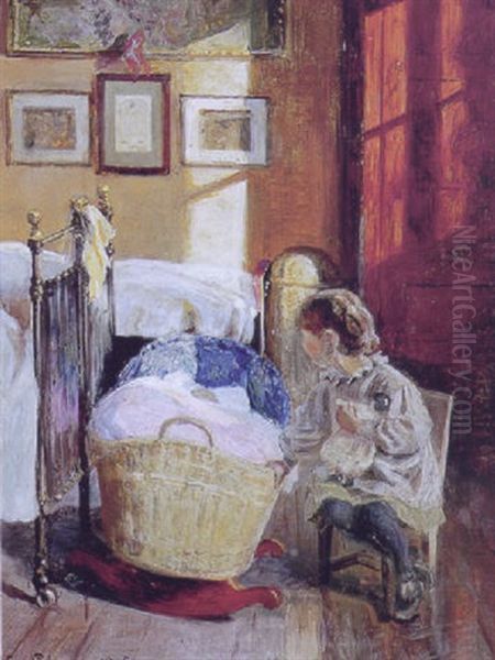 Interior Med Lille Pige Sin Dukke Ved Lillesosters Vugge Oil Painting by Viggo Pedersen