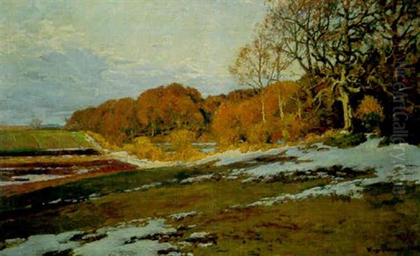 Melting Snow In An Extensive Landscape Oil Painting by Viggo Pedersen