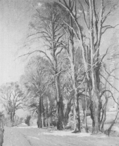 A Tree Lined Country Road In Winter Oil Painting by Viggo Pedersen