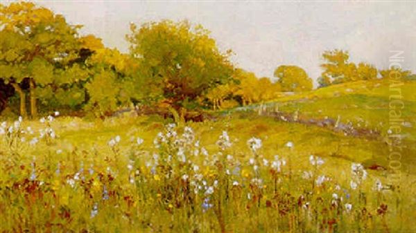 Dansk Sommerlandskab, I Forgrunden Blomster Oil Painting by Viggo Pedersen