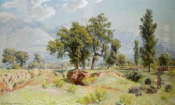 A Young Girl With Her Pigs In An Italianate Landscape Oil Painting by Viggo Pedersen