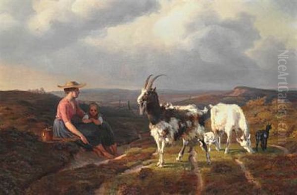 Mother And Child Looking After The Goats Oil Painting by Wilhelm Thomas Pedersen