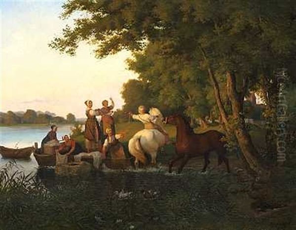 Bonderpiger, Som Vadske Oil Painting by Wilhelm Thomas Pedersen