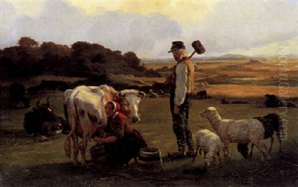 Ved Malketid Pa Marken. Sommeraften Oil Painting by Wilhelm Thomas Pedersen