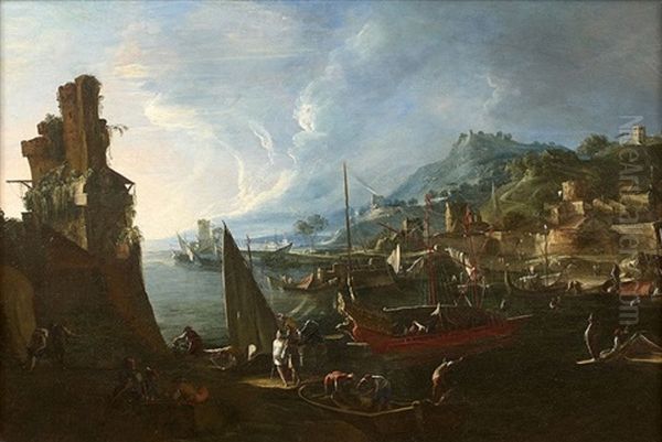 Navire Et Bateaux De Pecheurs Au Port Oil Painting by Bartolomeo Pedon